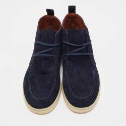 Pre Owned Loro Piana Navy Blue Suede Soft Walk Lace Up Ankle Boots Size 38