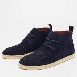 Pre Owned Loro Piana Navy Blue Suede Soft Walk Lace Up Ankle Boots Size 38
