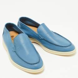 Pre Owned Loro Piana Blue Leather Summer Walk Loafers Size 38.5
