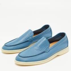 Pre Owned Loro Piana Blue Leather Summer Walk Loafers Size 38.5