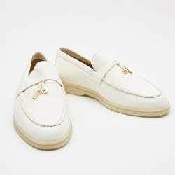 Pre Owned Loro Piana White Leather Summer Charms Walk Slip On Loafers Size 36.5