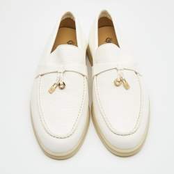 Pre Owned Loro Piana White Leather Summer Charms Walk Slip On Loafers Size 36.5