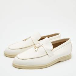 Pre Owned Loro Piana White Leather Summer Charms Walk Slip On Loafers Size 36.5
