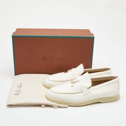 Pre Owned Loro Piana White Leather Summer Charms Walk Slip On Loafers Size 36.5