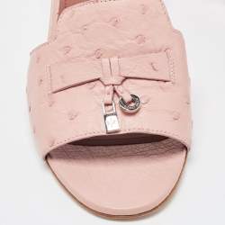 Pre Owned Loro Piana Pink Ostrich Leather Summer Charms Sandals Mules Size 38