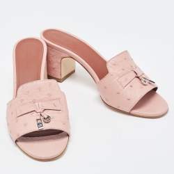 Pre Owned Loro Piana Pink Ostrich Leather Summer Charms Sandals Mules Size 38