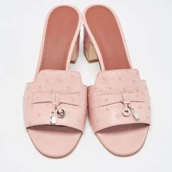 Pre Owned Loro Piana Pink Ostrich Leather Summer Charms Sandals Mules Size 38
