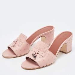 Pre Owned Loro Piana Pink Ostrich Leather Summer Charms Sandals Mules Size 38