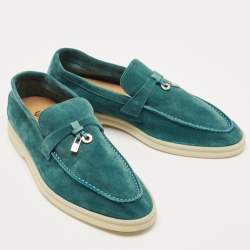 Pre Owned Loro Piana Teal Suede Summer Charms Walk Loafers Size 38