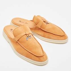 Pre Owned Loro Piana Orange Suede Babouche Charms Walk Flat Mules Size 38.5