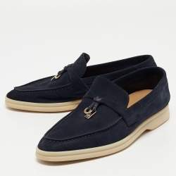 Pre Owned Loro Piana Navy Blue Suede Summer Charms Walk Loafers Size 37