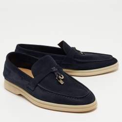 Pre Owned Loro Piana Navy Blue Suede Summer Charms Walk Loafers Size 37
