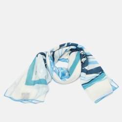 Pre Owned Loro Piana Ivory/Blue Floral Print Iris Wool Scarf