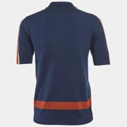 Pre Owned Loro Piana Navy Blue Striped Wool Knit Zip Up Polo Sweater M