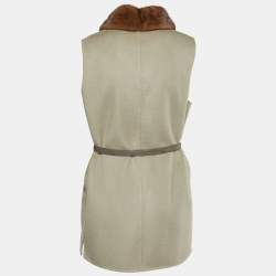 Pre Owned Loro Piana Beige Cashmere Front Open Detachable Fur Collar Coat L