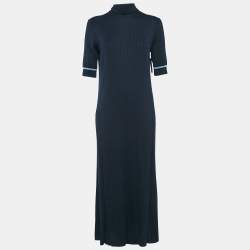 Loro Piana Navy Blue Rib Knit Turtle Neck Midi Dress L