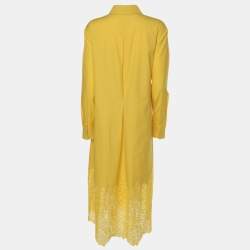Pre Owned Loro Piana Yellow Cotton Macramé Lace-Trimmed Midi Dress M