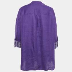 Pre Owned Loro Piana Purple Embroidered Linen Button Front Blouse L