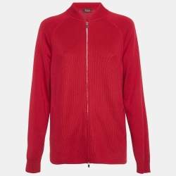 مملوكة مسبقًا Loro Piana Red Silk & Cotton Knit Zip Up Cardigan M 