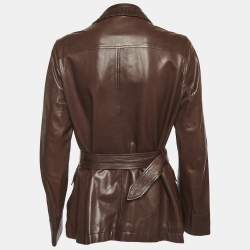 مملوكة مسبقًا جاكيت جلد بني بحزام لورو بيانا مقاس متوسط - ميديم
