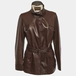 مملوكة مسبقًا جاكيت جلد بني بحزام لورو بيانا مقاس متوسط - ميديم