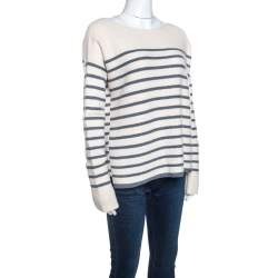 Pre Owned Loro Piana Off White Striped Baby Cashmere Waffle Knit Sweater M