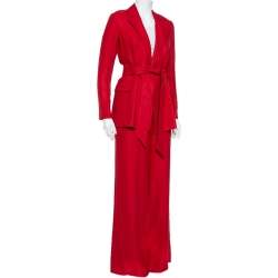 Pre Owned Loro Piana Red Linen Theo Antigua Belted Pantsuit S