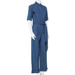 Pre Owned Loro Piana Blue Lightweight Denim Wide Leg Belted Jumpsuit S