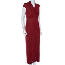 Pre Owned Loro Piana Burgundy Linen and Silk Draped Cap Sleeve Maxi Dress S