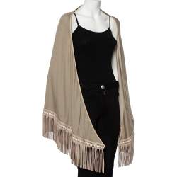 Pre Owned Loro Piana Beige Cashmere Leather Fringe Detail Flamenco Poncho (One Size)