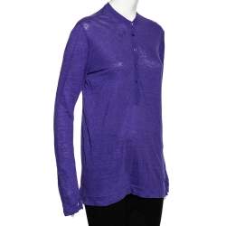 Pre Owned Loro Piana Purple Linen Long Sleeved Polo T-Shirt S