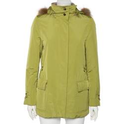 Pre Owned Loro Piana Green Synthetic & Faux Fur Trimmed Button Front Hooded Jacket S