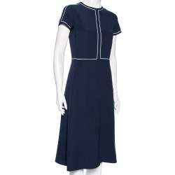 Pre Owned Loro Piana Navy Blue & White Trimmed Silk Midi Dress M