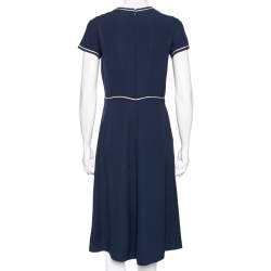 Pre Owned Loro Piana Navy Blue & White Trimmed Silk Midi Dress M