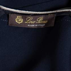 Pre Owned Loro Piana Navy Blue & White Trimmed Silk Midi Dress M