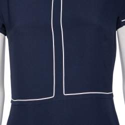 Pre Owned Loro Piana Navy Blue & White Trimmed Silk Midi Dress M