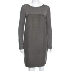 Pre Owned Loro Piana Grey Cashmere & Knit Paneled Long Sleeve Dress M