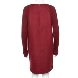 Pre Owned Loro Piana Dark Red Cashmere & Suede Trim Detailed V-Neck Dress M