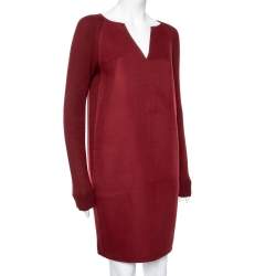 Pre Owned Loro Piana Dark Red Cashmere & Suede Trim Detailed V-Neck Dress M