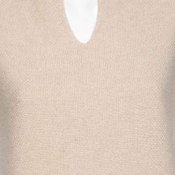Pre Owned Loro Piana Cream Cashmere Knit & Suede Trim Detailed Short Sleeve Dress S