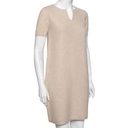 Pre Owned Loro Piana Cream Cashmere Knit & Suede Trim Detailed Short Sleeve Dress S