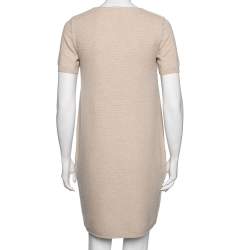 Pre Owned Loro Piana Cream Cashmere Knit & Suede Trim Detailed Short Sleeve Dress S