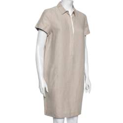 Pre Owned Loro Piana Beige Linen Button Front Short Sleeve  Dress M