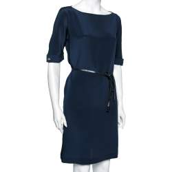 Pre Owned Loro Piana Navy Blue Silk Crew Neck Belted Dress M