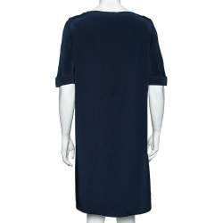 Pre Owned Loro Piana Navy Blue Silk Crew Neck Belted Dress M