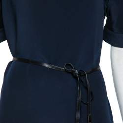 Pre Owned Loro Piana Navy Blue Silk Crew Neck Belted Dress M