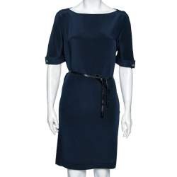 Pre Owned Loro Piana Navy Blue Silk Crew Neck Belted Dress M