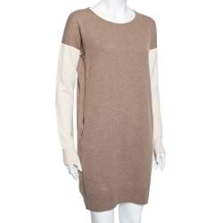 Pre Owned Loro Piana Beige Two Toned Cashmere & Suede Trimmed Dress M