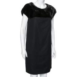 Pre Owned Loro Piana Black Cashmere & Brown Mink Fur Trimmed Dress M