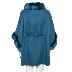 Pre Owned Loro Piana Blue Cashmere & Fur Trimmed Belted Salzburg Cape M